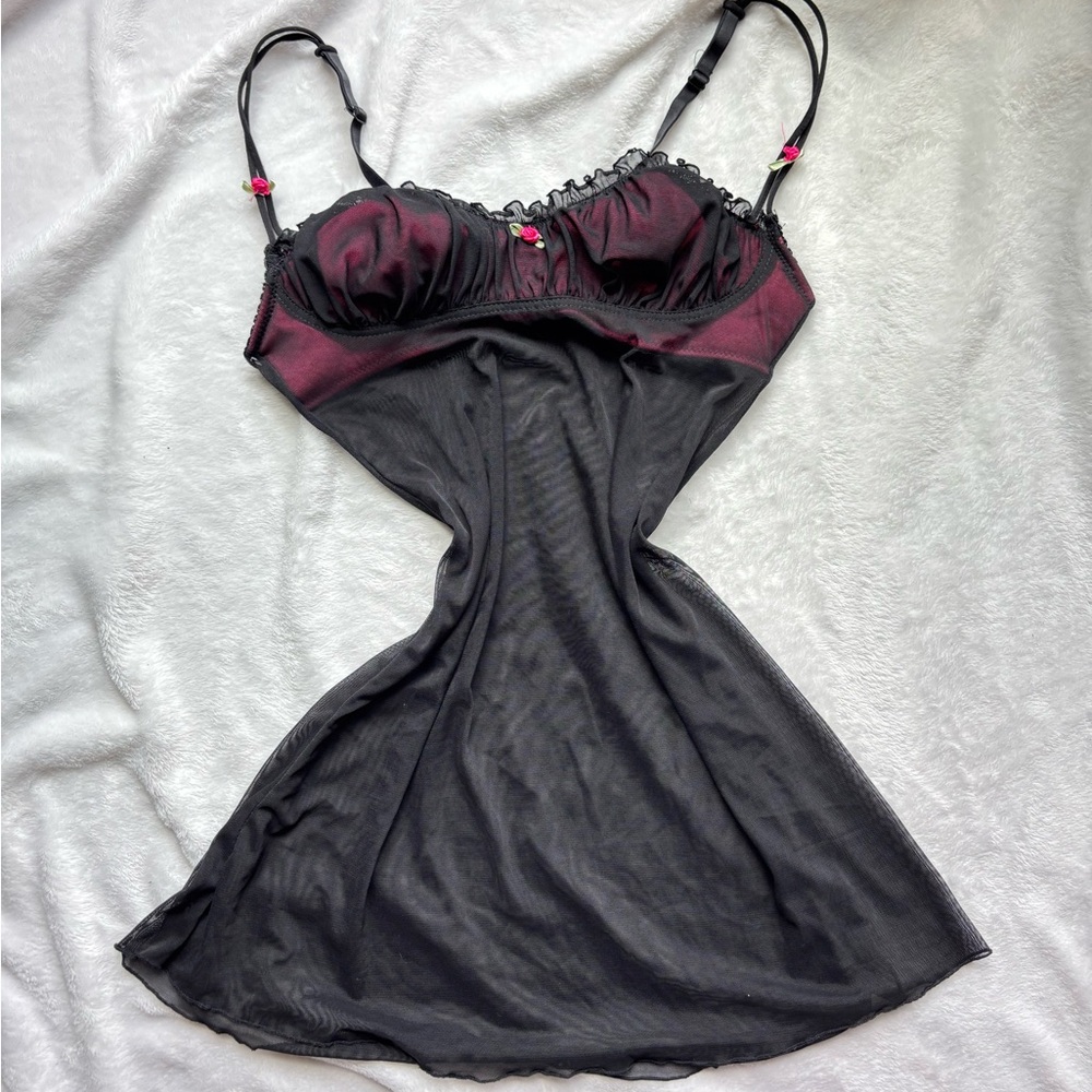 Black micro mesh & hot pink lining floral cami top / nightie slip dress lingerie